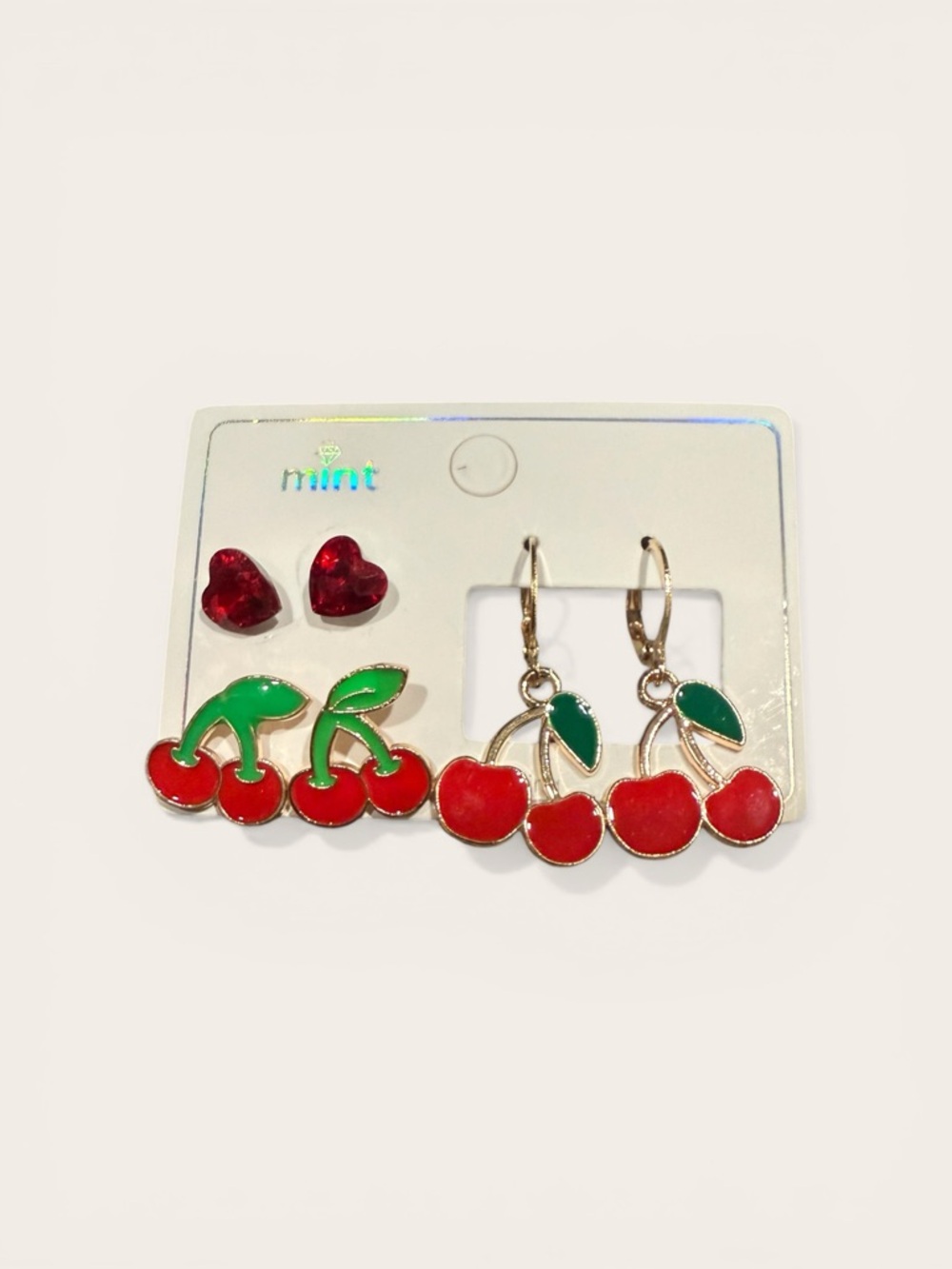 Mint Cherry Earring Trio - Red & Green Accents